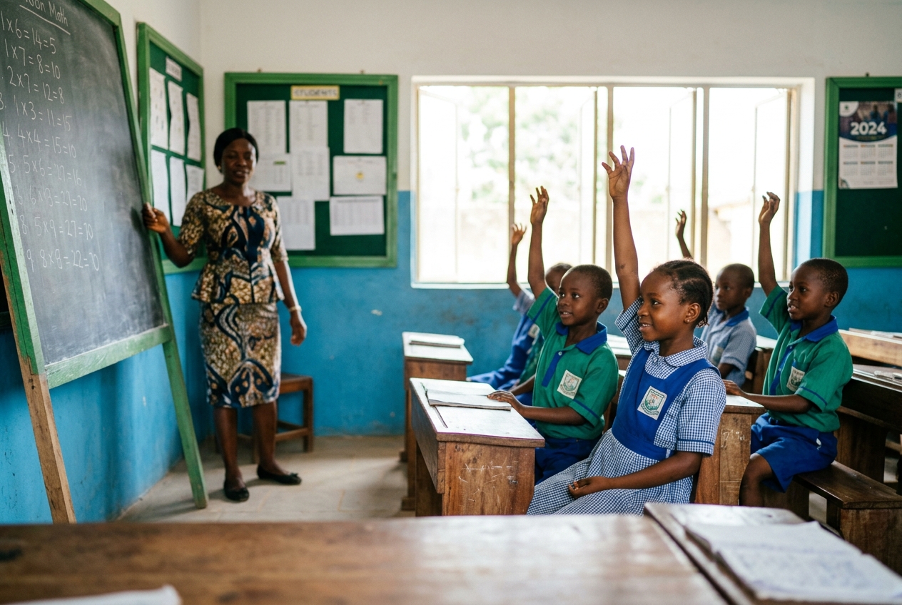 A Nigerian primary school classroom with students in uniform raising their hands